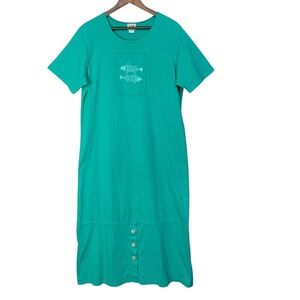 Cactus California Teal Green Fish Print T Shirt Dress Size M USA Made